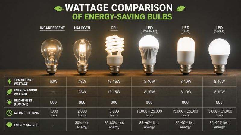 Wattage Comparison of Energy-Saving Bulbs